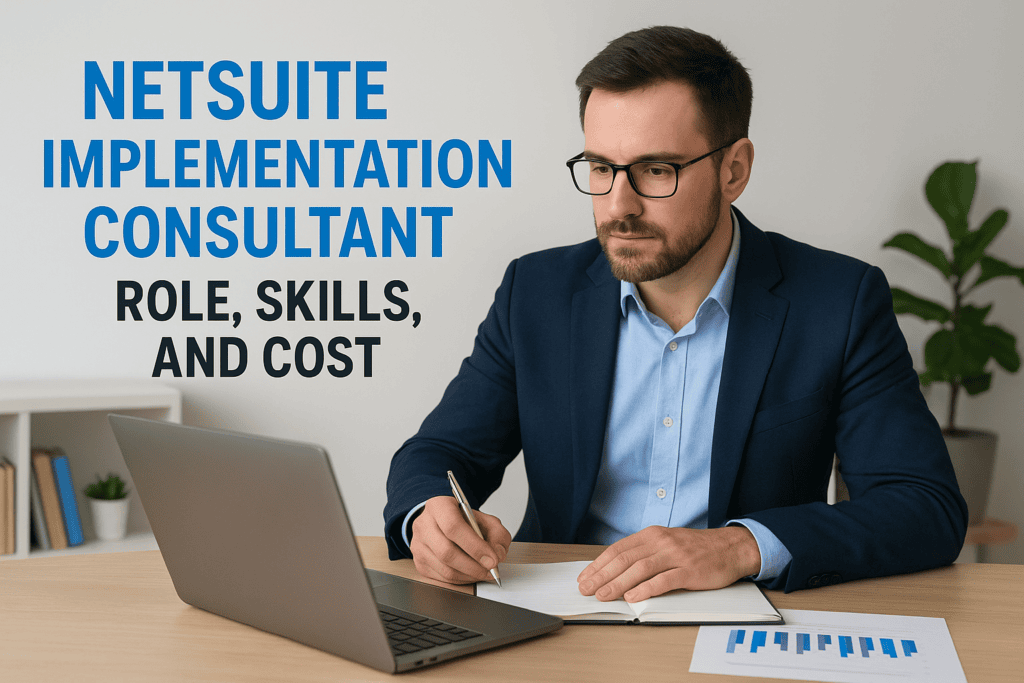 Business professional working on a laptop for NetSuite consulting.