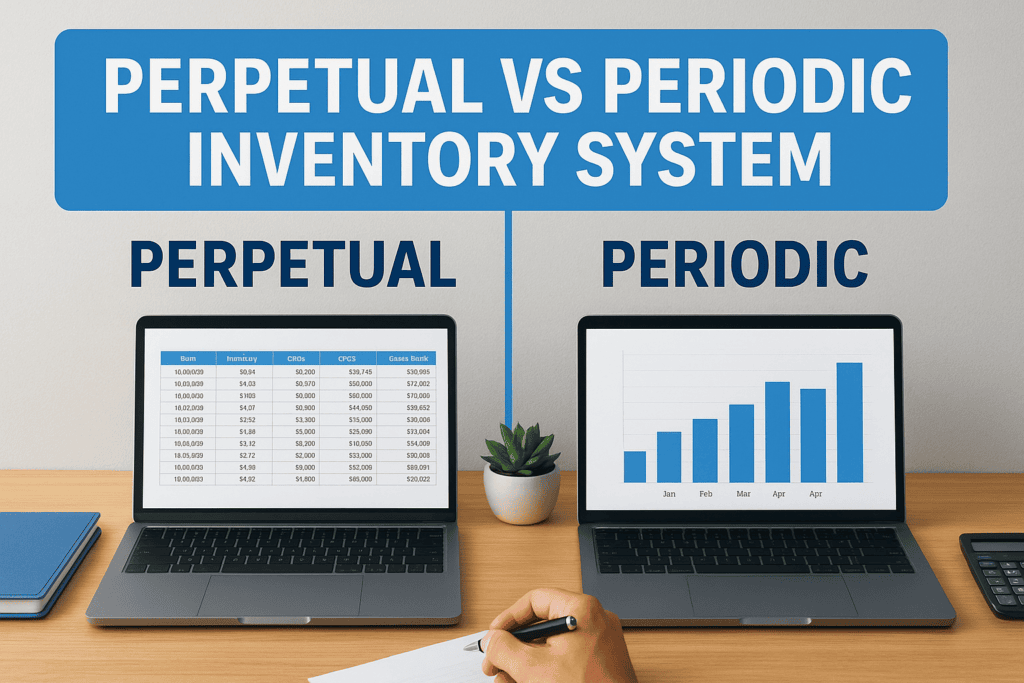 Perpetual and periodic inventory systems comparison with charts and a hand pointing.