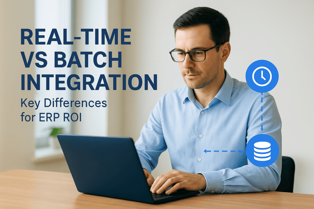 Man working on laptop with data and clock icons, ERP integration concept.