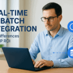 Man working on laptop with data and clock icons, ERP integration concept.