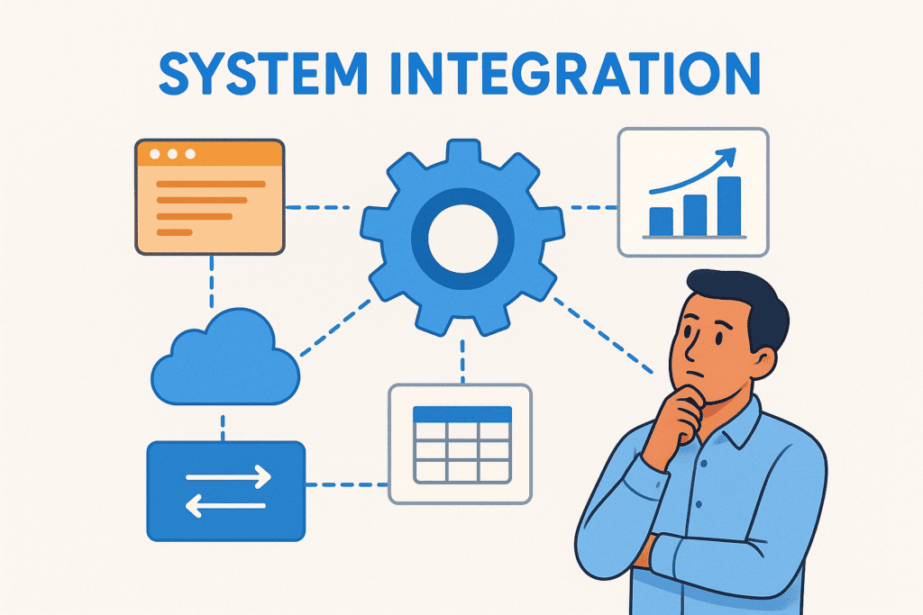 Business system integration with gears, charts, and cloud icons.