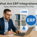 Businessman working on laptop with ERP, CRM, payroll icons for integration benefits.