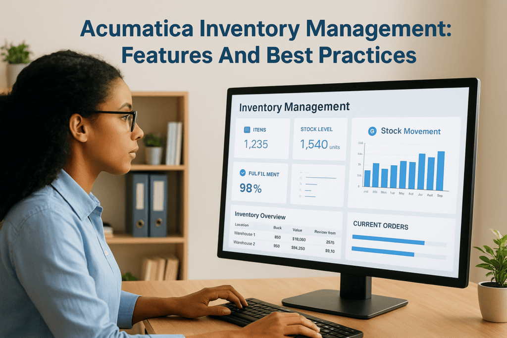 Woman analyzing inventory management data on computer screen.