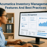 Woman analyzing inventory management data on computer screen.