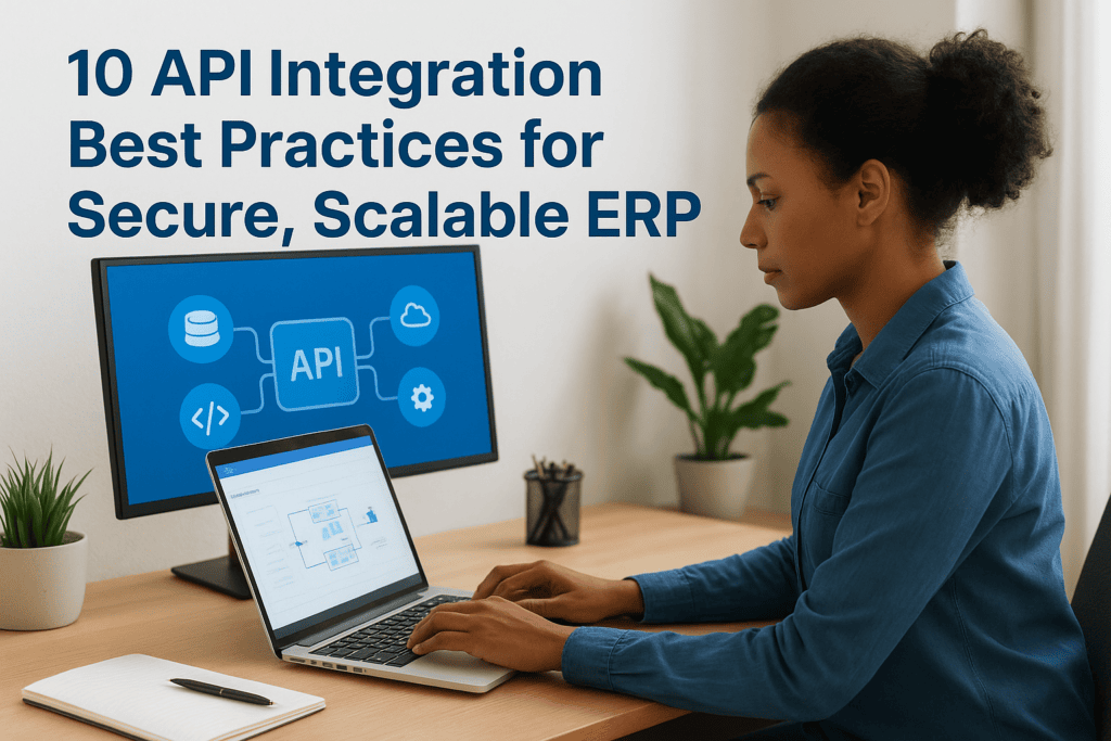Woman working on laptop with API and ERP graphics on screen.