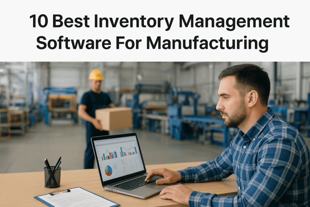 Manufacturing worker using inventory management software in factory setting.