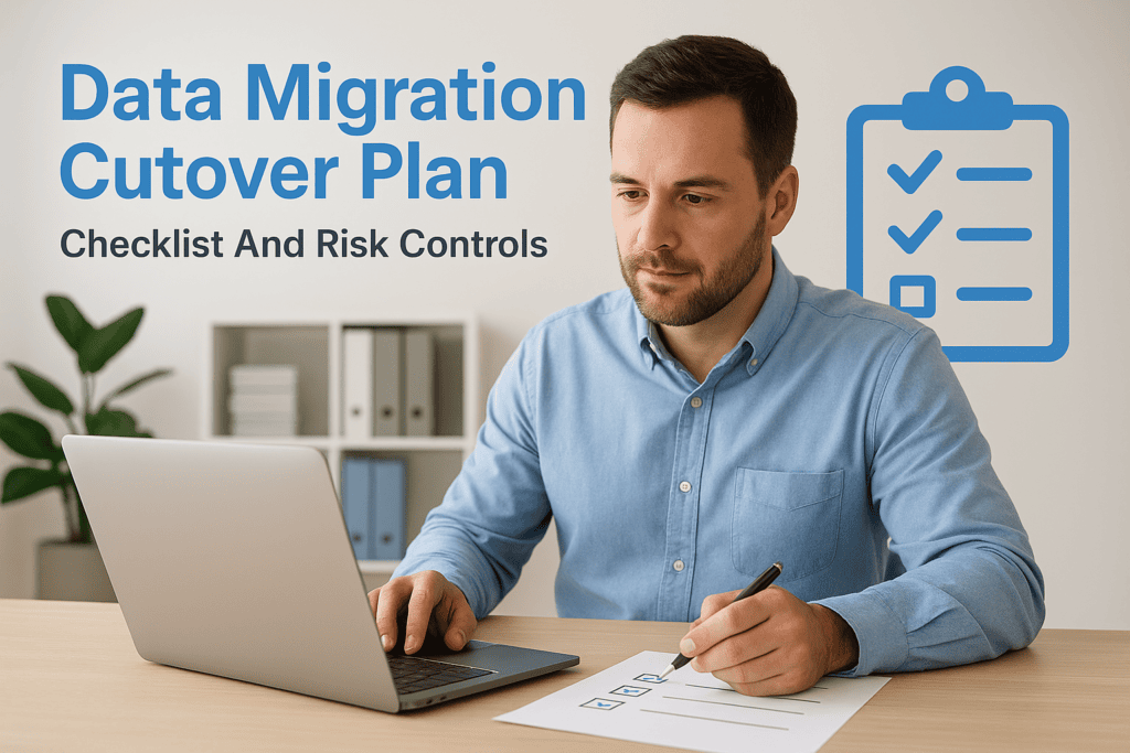 Businessman reviewing data migration checklist and risk controls.