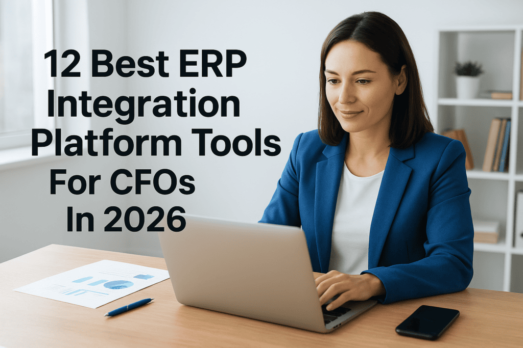 Businesswoman using a laptop with ERP tools for CFOs, modern office setting.