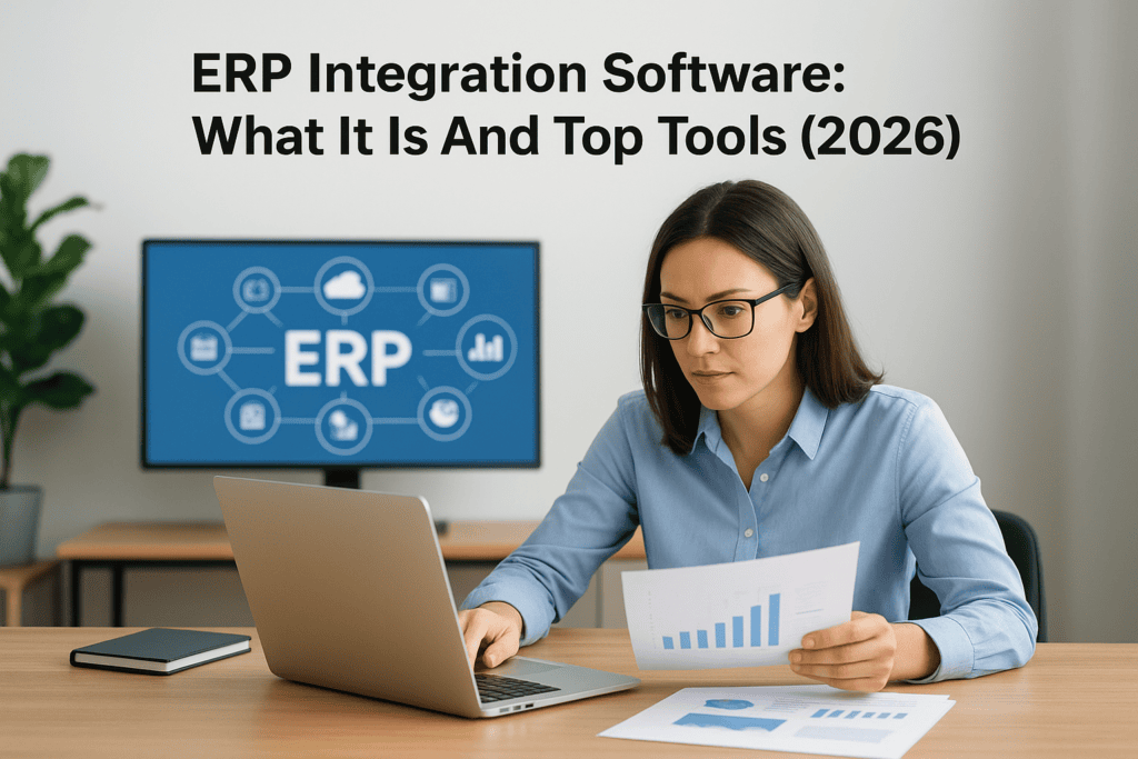 Woman working on laptop with ERP software on screen, analyzing data.