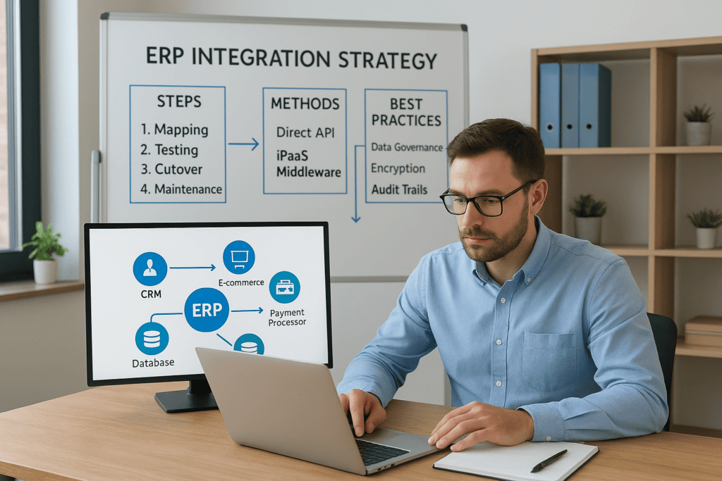 Business professional analyzing ERP integration strategy on computer screen.
