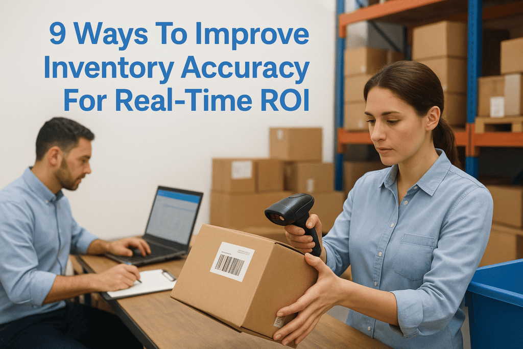 Woman scanning barcode on package in warehouse for inventory accuracy.