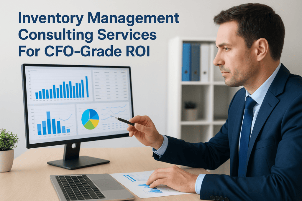 Businessman analyzing inventory data on computer screen for CFO ROI.