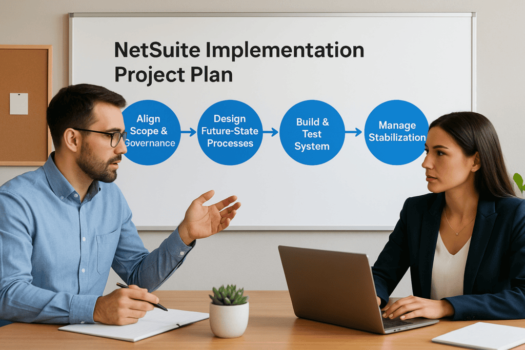 Business meeting discussing NetSuite implementation project plan.