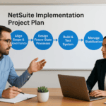 Business meeting discussing NetSuite implementation project plan.