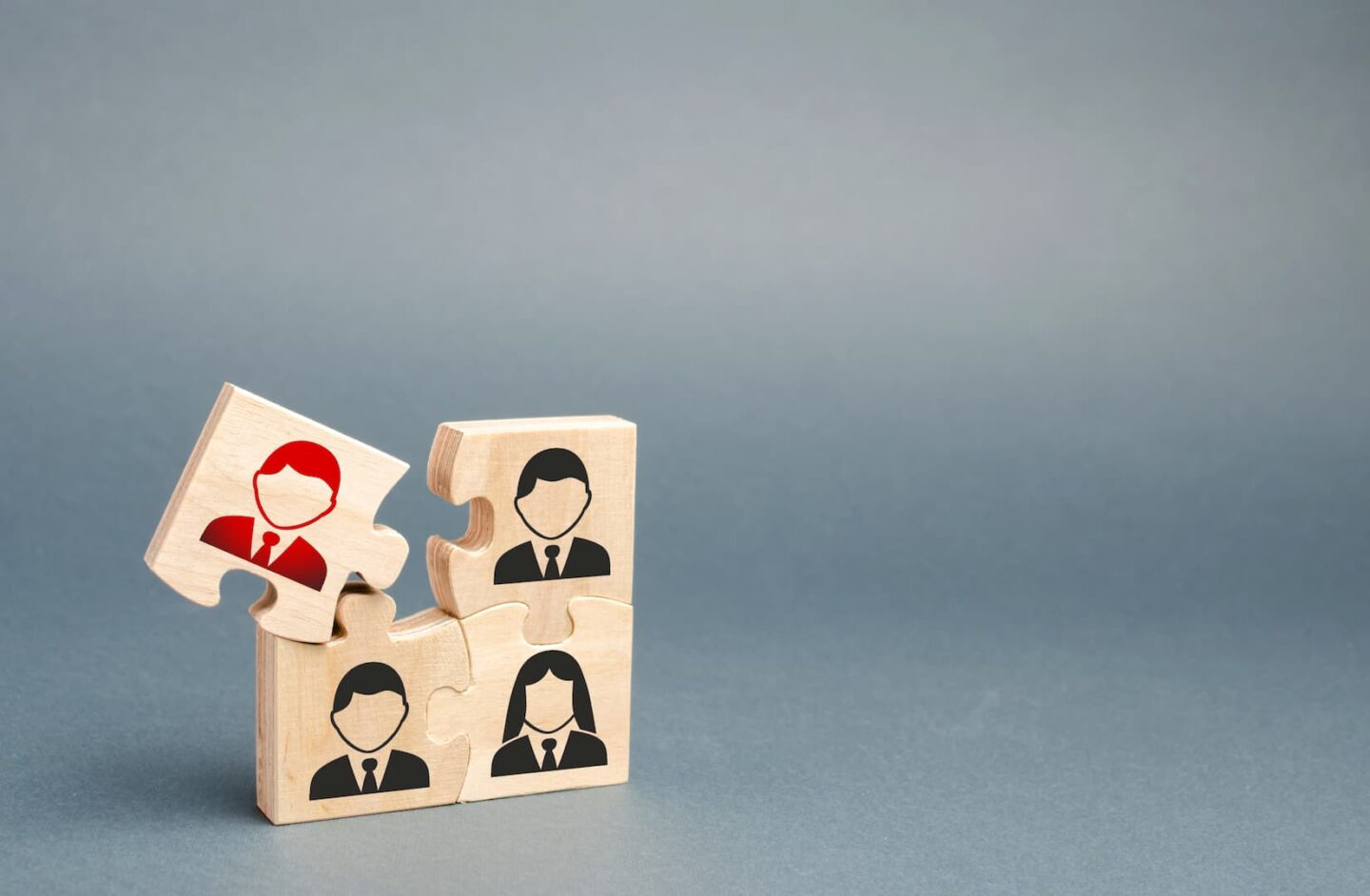Wooden puzzle pieces with icons of diverse professionals on a gray background.