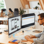 Business professional working on dual monitors with financial apps open.