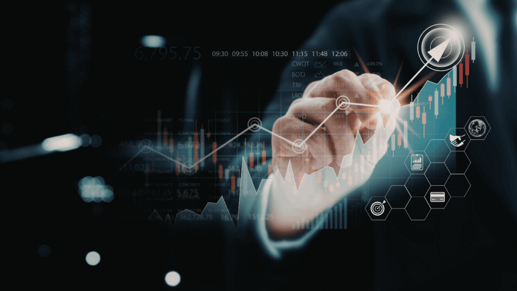 Business professional analyzing financial growth charts and data trends on digital screen.