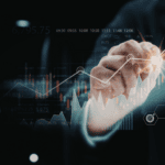 Business professional analyzing financial growth charts and data trends on digital screen.