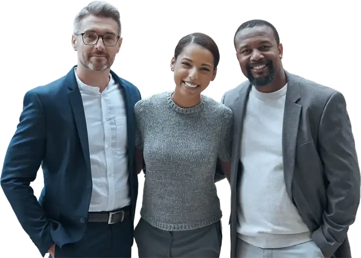 Group of diverse professionals smiling, representing teamwork and collaboration.