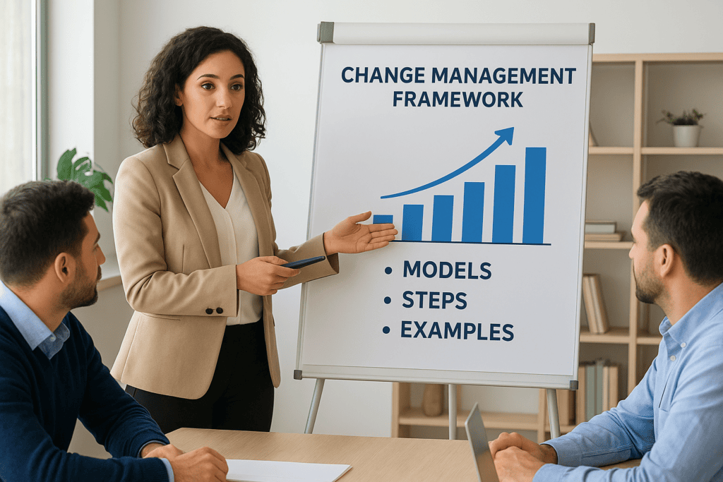 Businesswoman presenting change management framework with growth chart.
