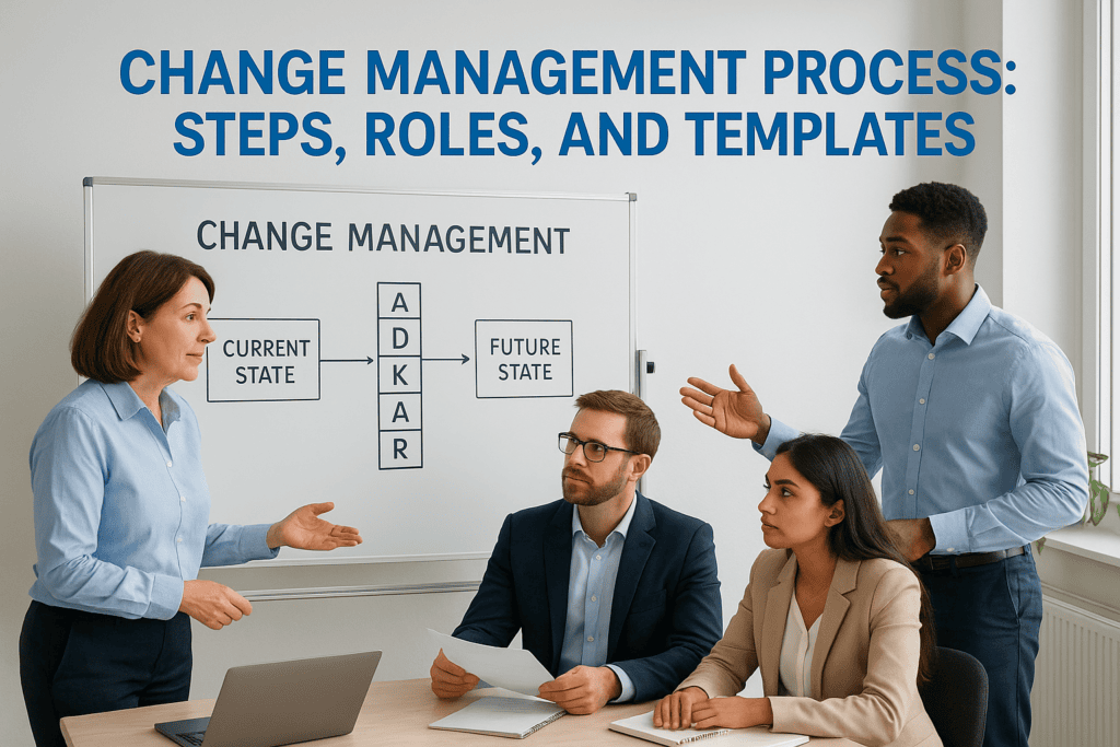 Business team discussing change management process with whiteboard.