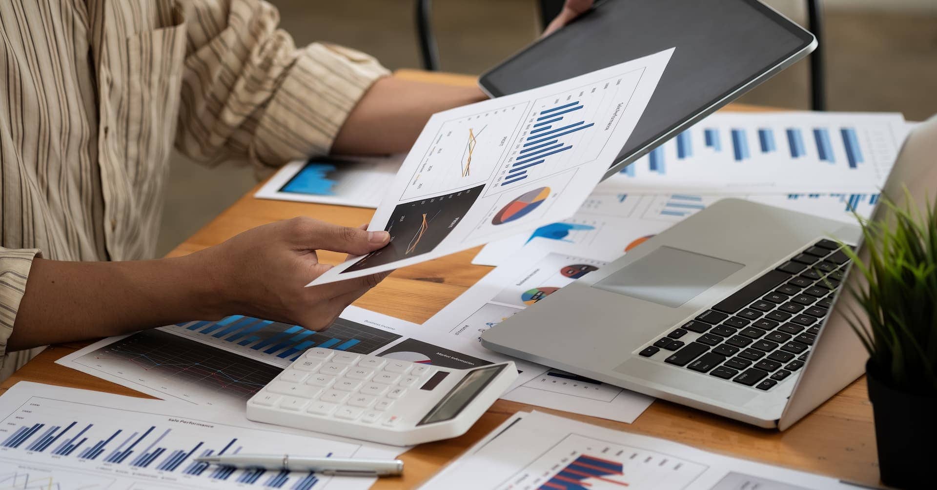 Accountant analyzing financial reports and data.