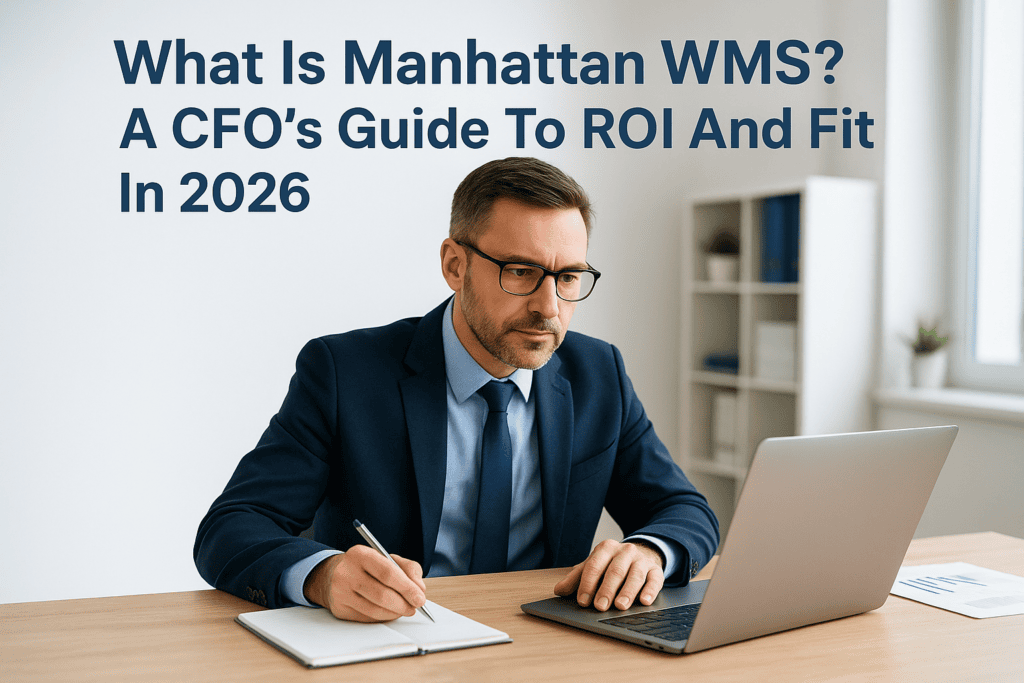 CFO analyzing ROI and warehouse management system benefits on laptop.