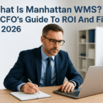 CFO analyzing ROI and warehouse management system benefits on laptop.