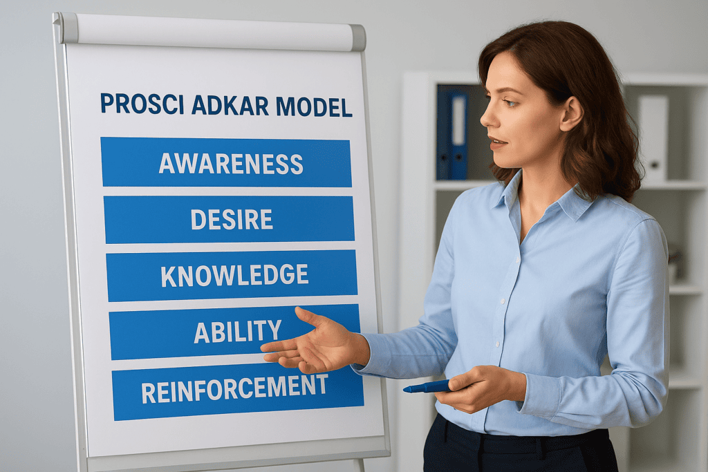 Woman presenting Prosci ADKAR change management model on a flip chart.