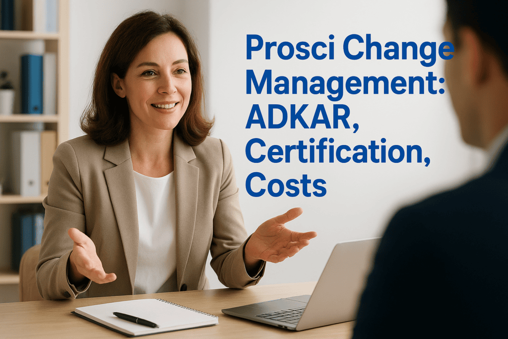 Businesswoman discussing Prosci Change Management, ADKAR, certification, and costs.