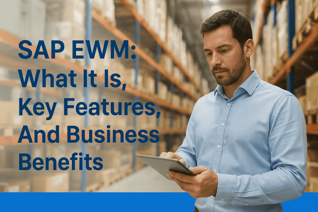 Man using tablet in warehouse with shelves, discussing SAP EWM features.