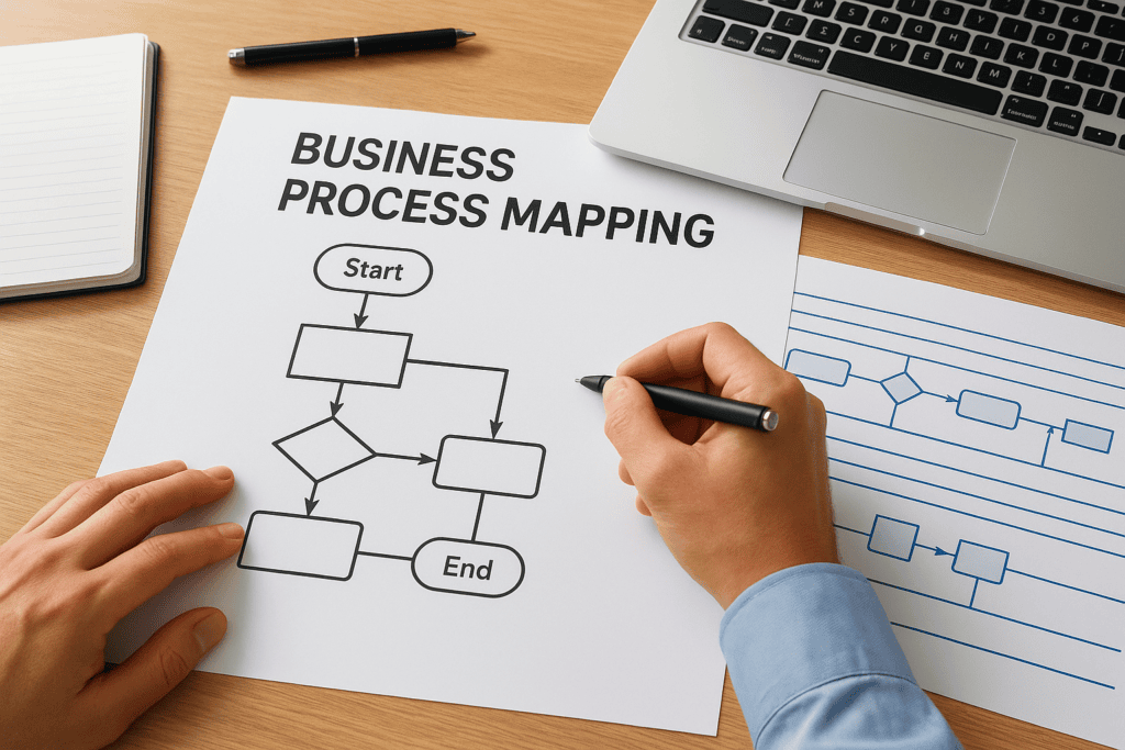 Person working on business process mapping diagram with laptop and notebook.