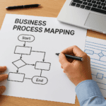 Person working on business process mapping diagram with laptop and notebook.
