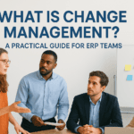 Business team discussing change management strategies in a meeting.