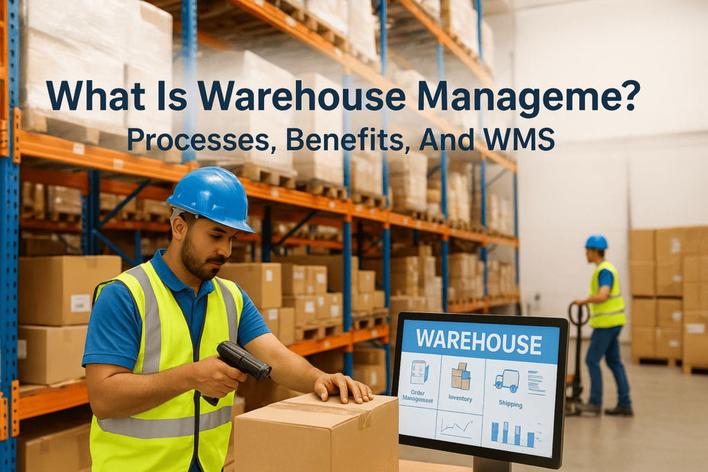 Warehouse management system with staff monitoring inventory and processes.