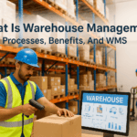 Warehouse management system with staff monitoring inventory and processes.