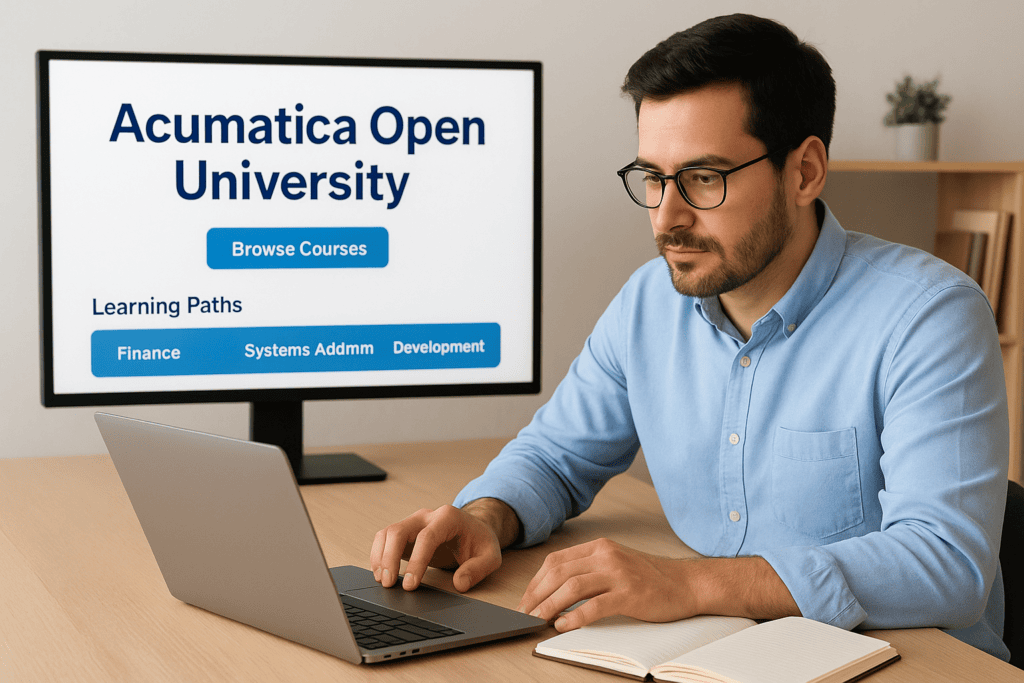 Man studying online course on computer for Acumatica Open University.