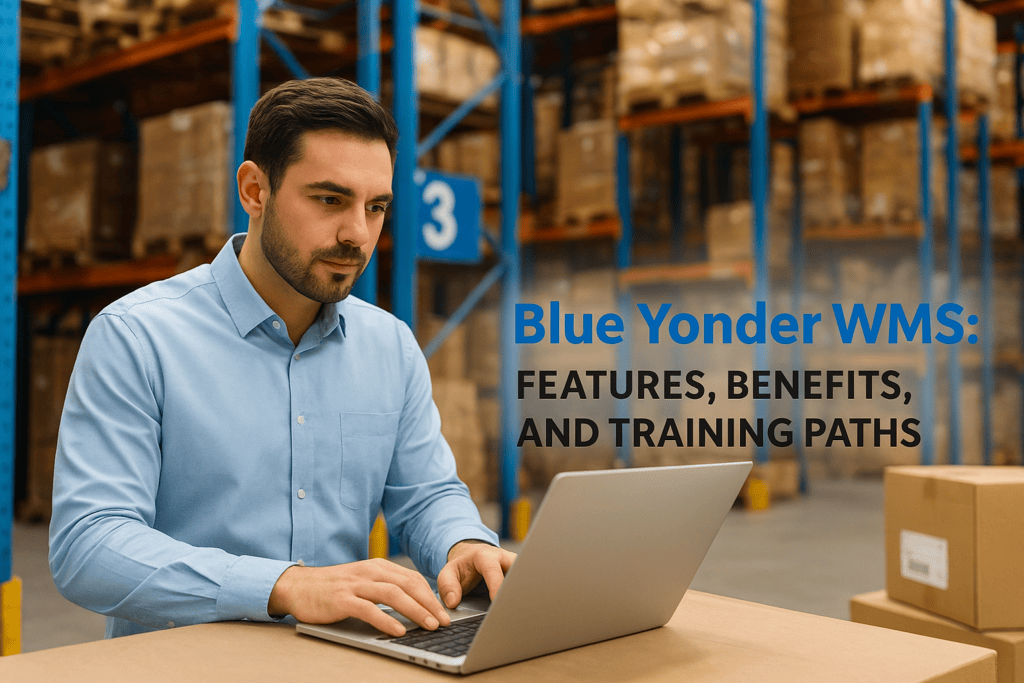 Man working on a laptop in a warehouse with shelves and boxes, discussing Blue Yonder WMS features.