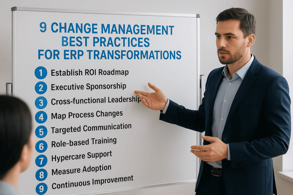 Business professional presenting ERP change management practices on whiteboard.