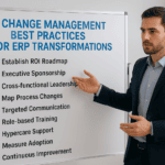 Business professional presenting ERP change management practices on whiteboard.