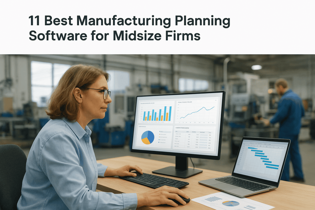 Woman using manufacturing planning software on dual monitors in a modern factory setting.
