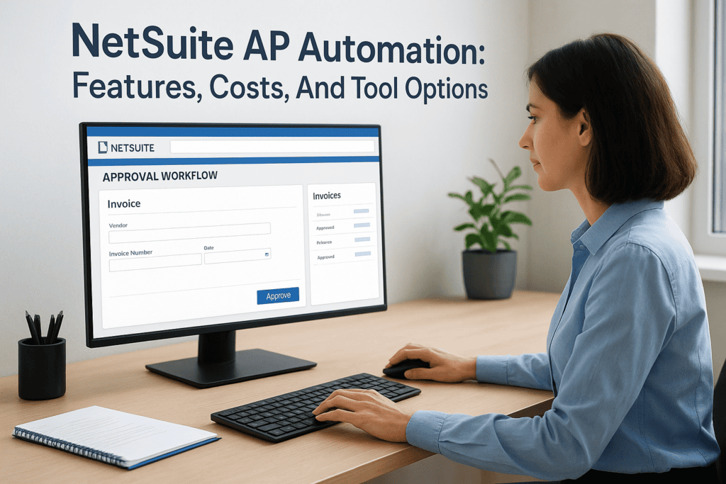 Woman using NetSuite AP automation software on desktop monitor.