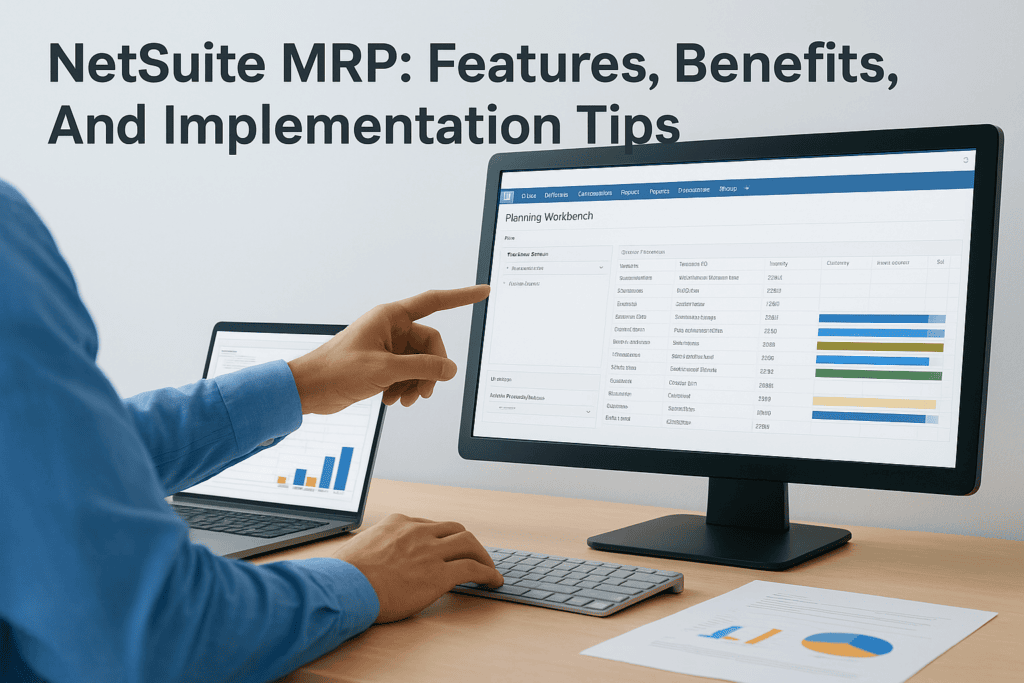 Business professional using NetSuite MRP software on desktop monitor.