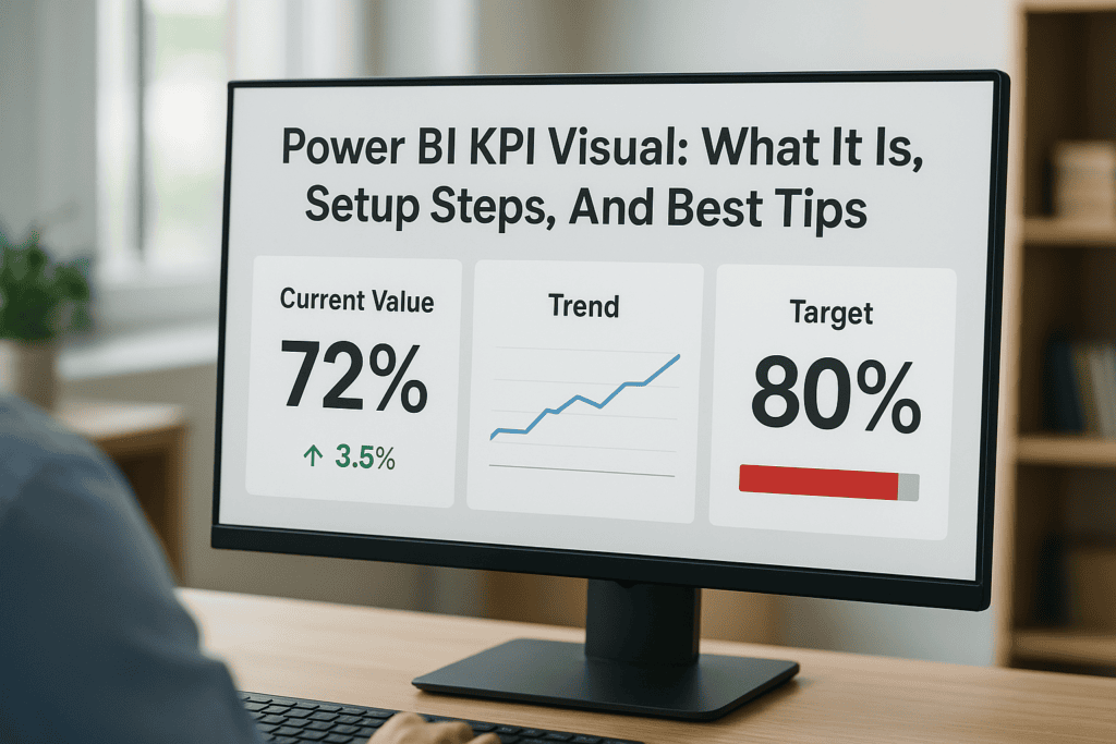 Power BI KPI dashboard displaying current value, trend, and target for data analysis.