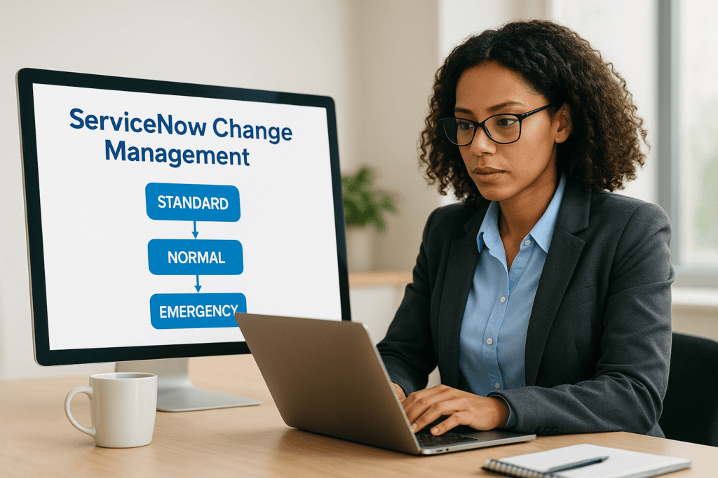Woman working on a laptop with ServiceNow Change Management on screen.