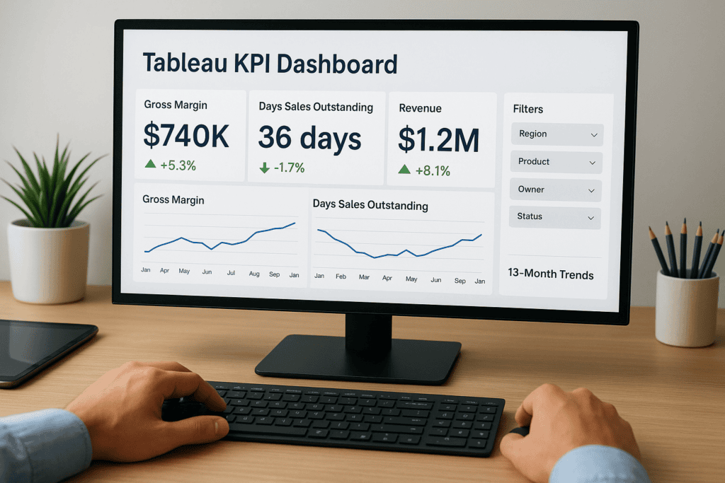 KPI Dashboard with sales and revenue metrics for business analysis.