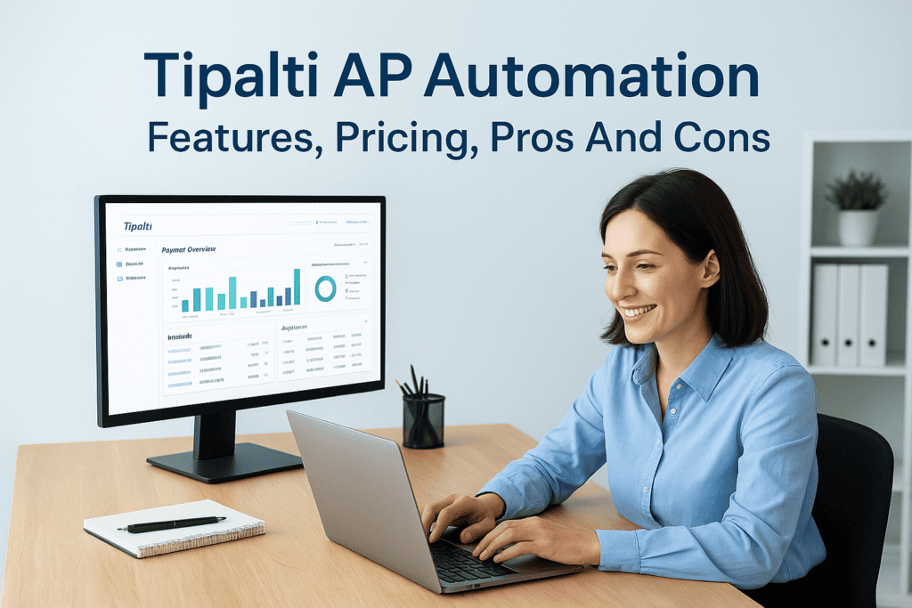 Woman using Tipalti AP Automation software on laptop at desk.