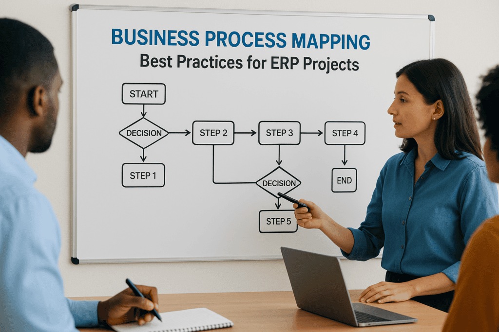 Team discussing business process mapping on whiteboard for ERP projects.