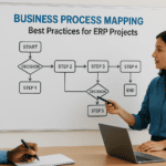 Team discussing business process mapping on whiteboard for ERP projects.