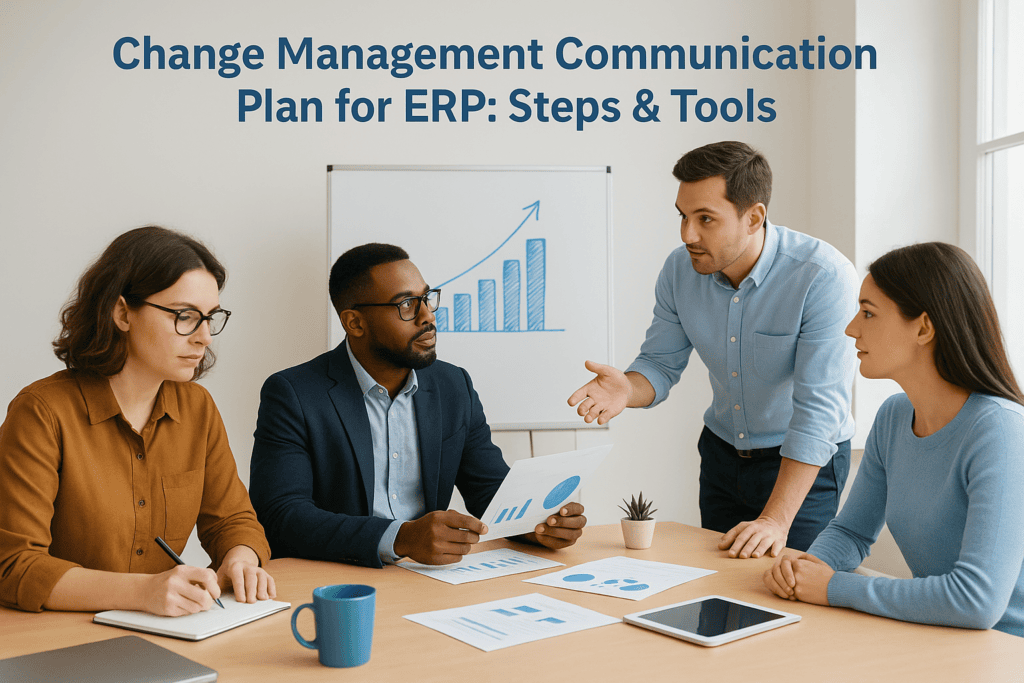 Business team discussing change management and ERP communication strategies.
